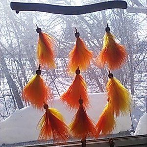 Wall Hanging Real Feathers Orange Yellow Painted Wooden Beads Handcrafted New